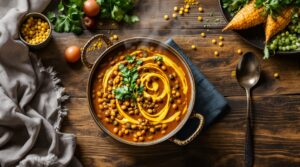 A sunlit kitchen scene with a person preparing a vegan meal—chopping colorful vegetables on a wooden board, bowls of grains, herbs, and beans nearby. Motion blur in hands, cinematic lighting, modern lifestyle photography style, ultra-realistic, 16:9 ratio, full scene, no text, no logos, no labels.
