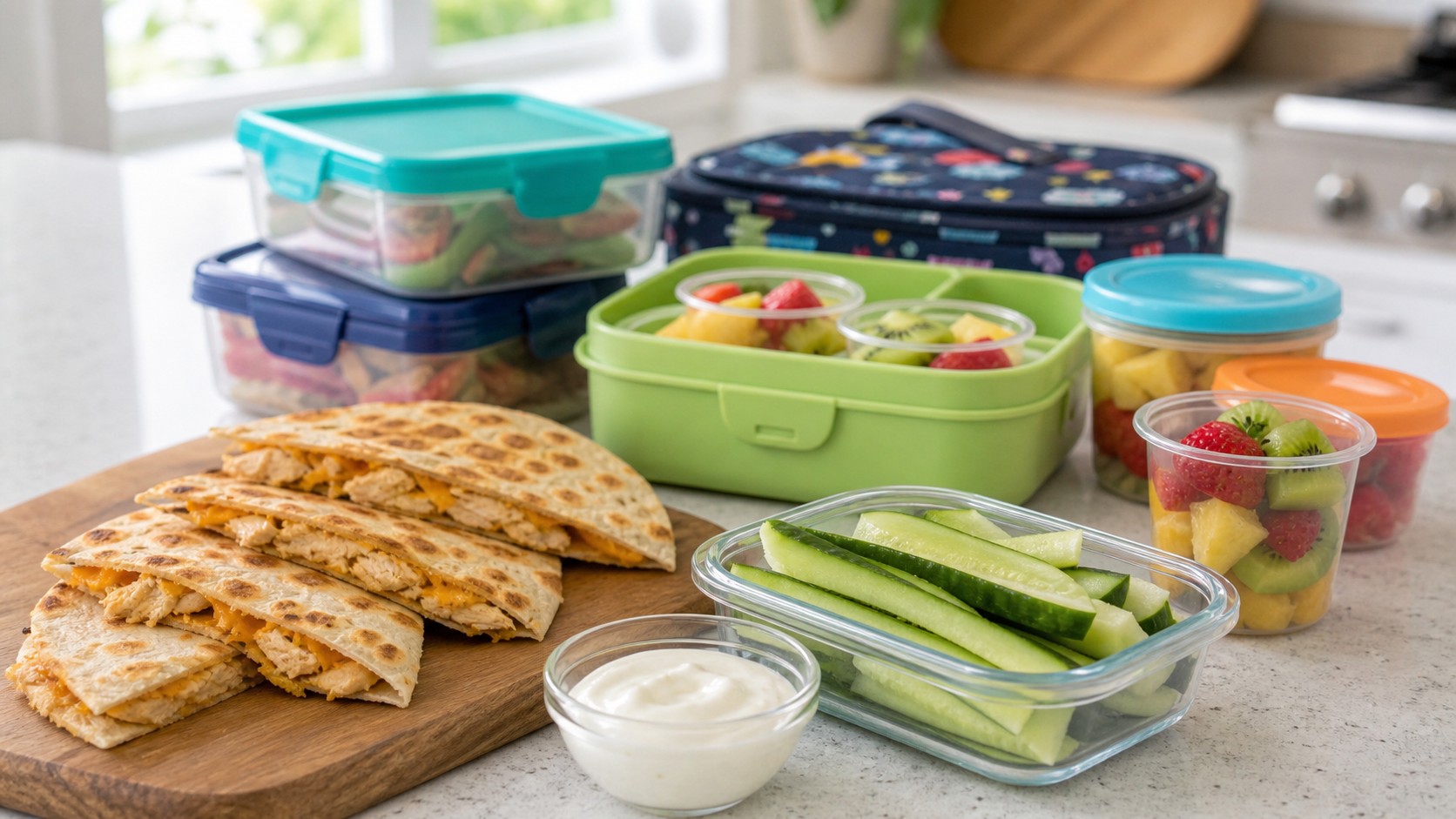 Quick kid-friendly meal with quesadillas, fruit, cucumber sticks, and yogurt dip