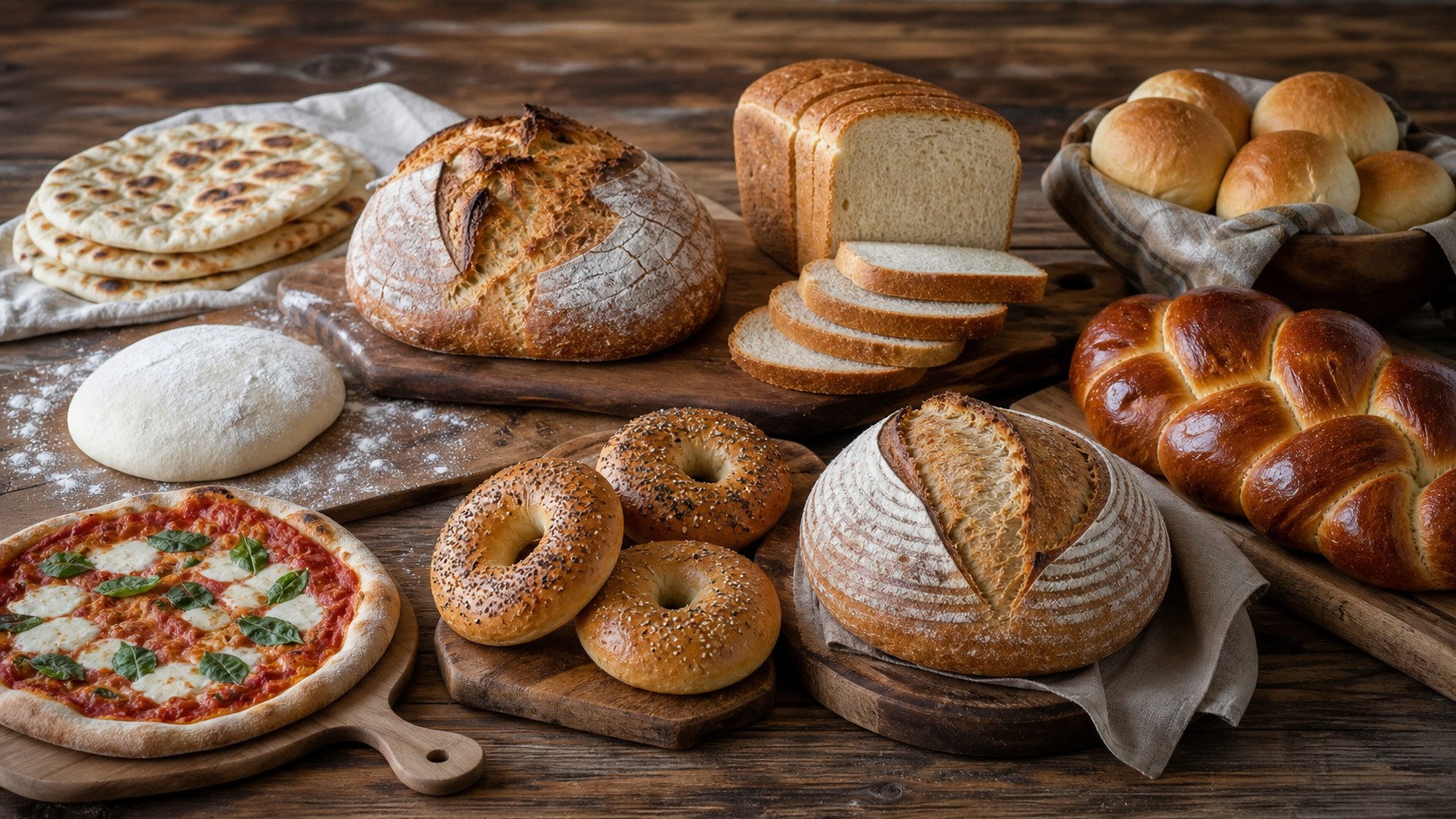 Bread recipes for every skill level with flatbreads, rustic loaf, sandwich bread, rolls, pizza dough, bagels, sourdough, and braided bread