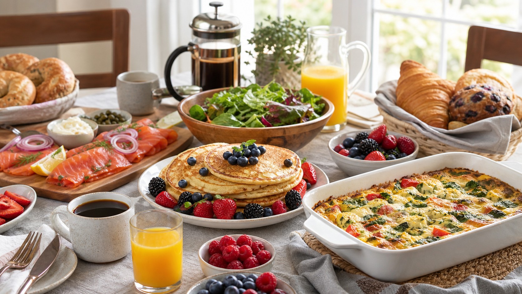 Weekend brunch table with egg bake, pancakes, berries, salad, salmon, coffee, and pastries
