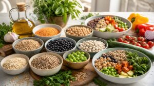 Assorted grains and legumes with oats, quinoa, farro, rice, lentils, chickpeas, beans, edamame, herbs, and meal bowls