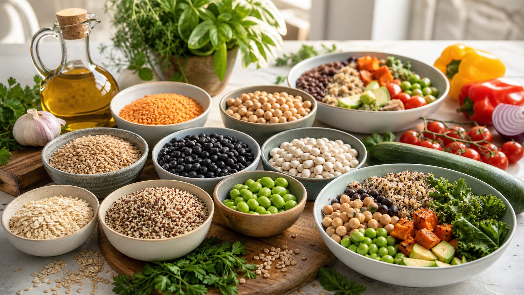 Assorted grains and legumes with oats, quinoa, farro, rice, lentils, chickpeas, beans, edamame, herbs, and meal bowls