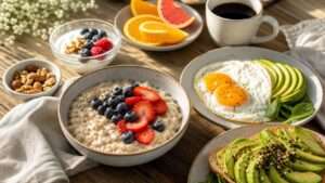 Healthy breakfast table with oatmeal, berries, eggs, avocado toast, yogurt, citrus, and coffee