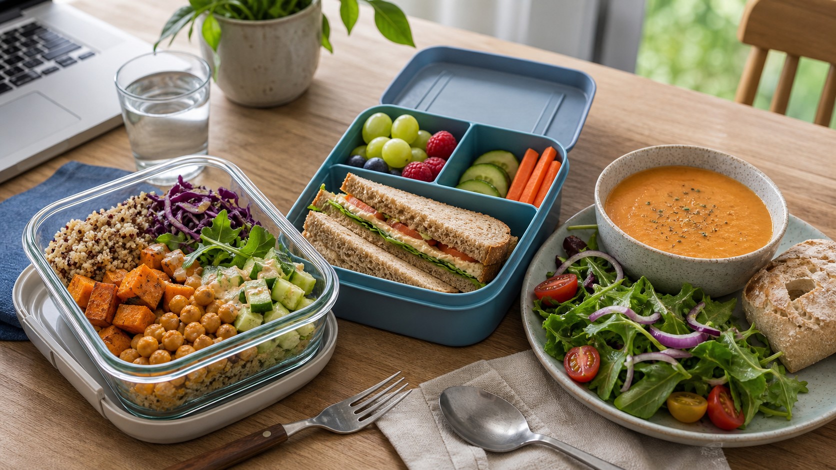 Work, school, and home lunch spread with grain bowl, lunchbox, soup, salad, and fruit