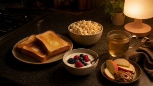 Cozy midnight snack spread with toast, popcorn, yogurt, fruit, nut butter, and tea