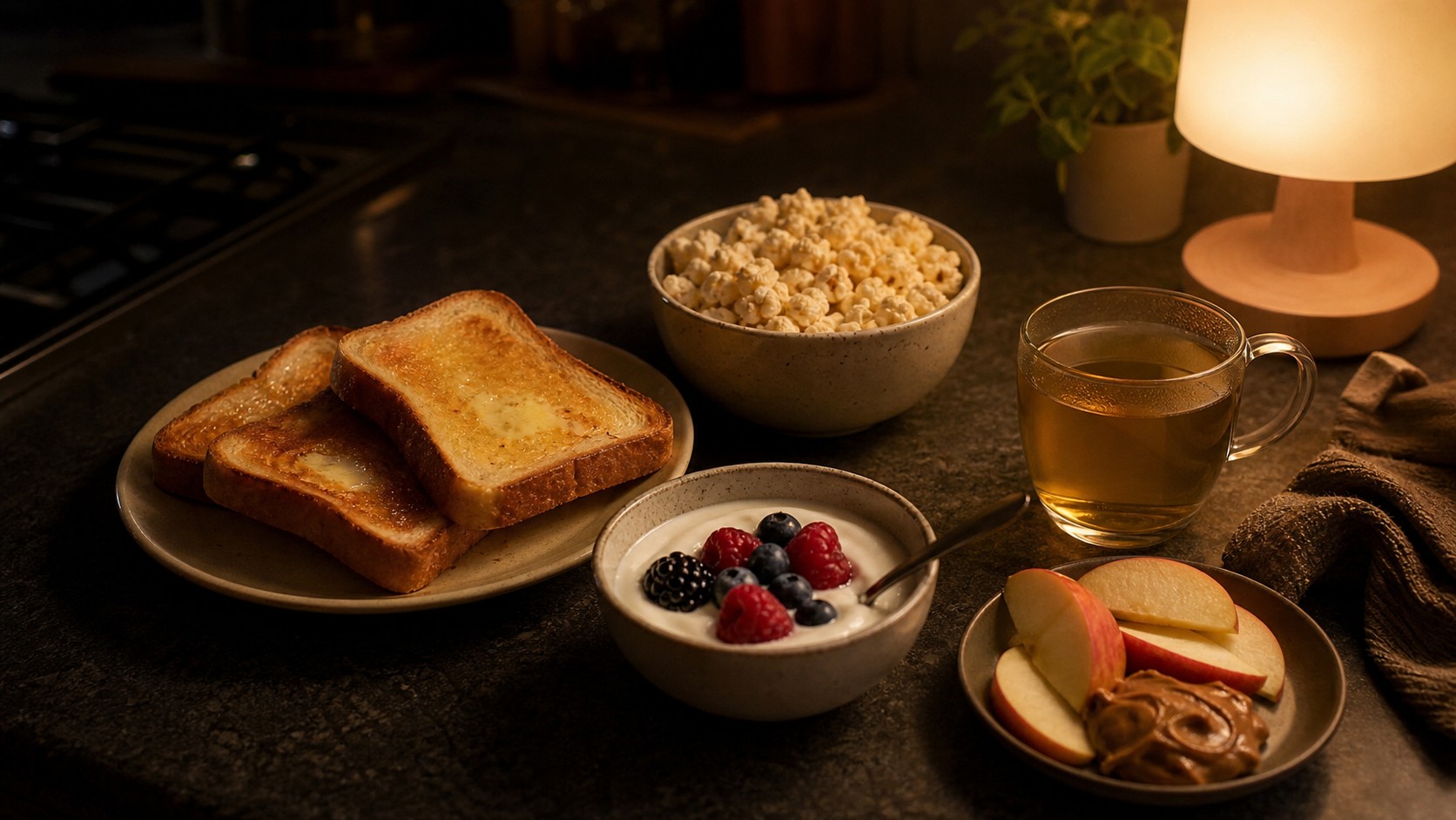 Cozy midnight snack spread with toast, popcorn, yogurt, fruit, nut butter, and tea