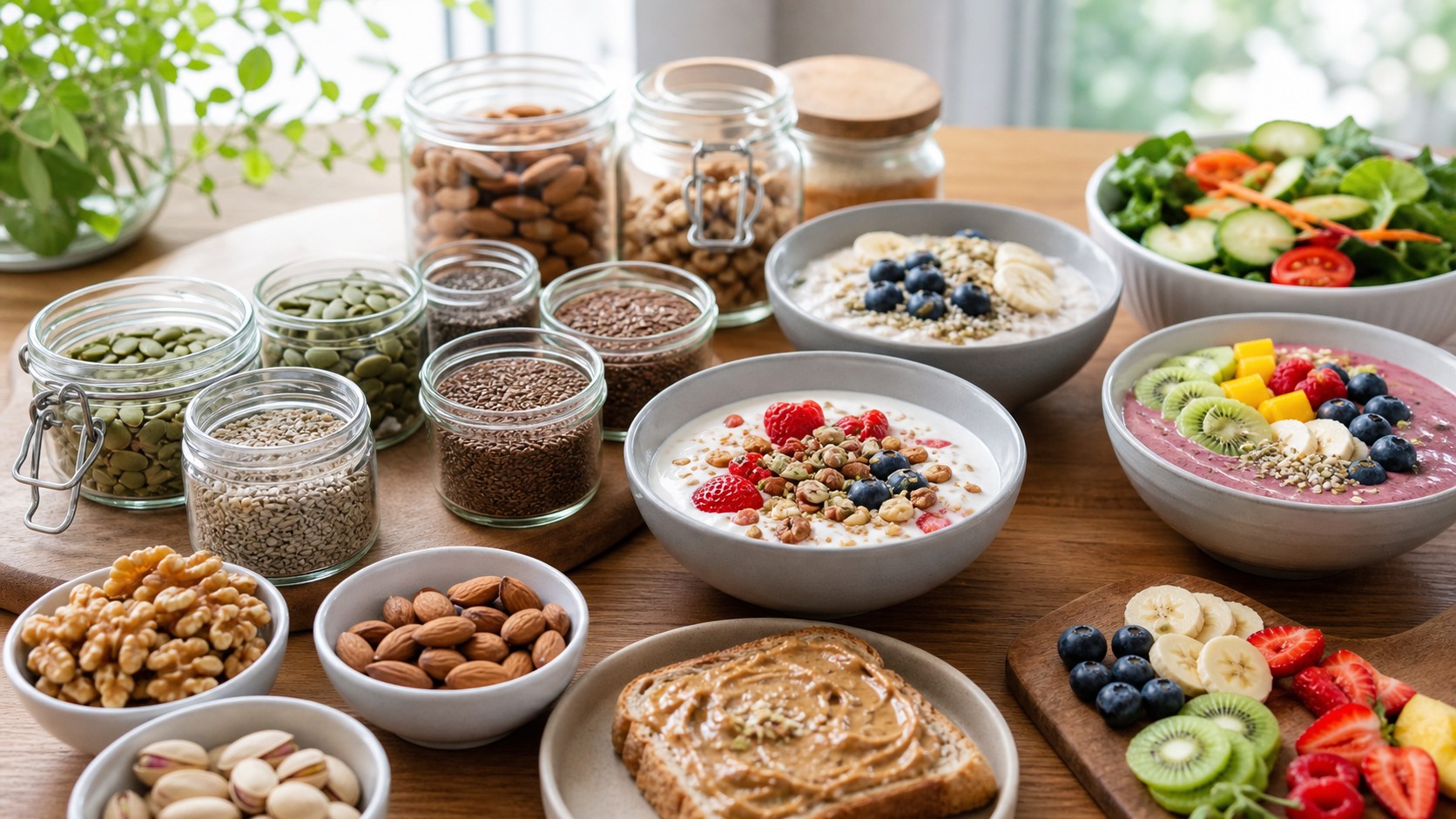 Daily diet nuts and seeds with walnuts, almonds, pistachios, pumpkin seeds, sunflower seeds, chia, flax, hemp, sesame, oatmeal, yogurt, salad, fruit, and nut butter