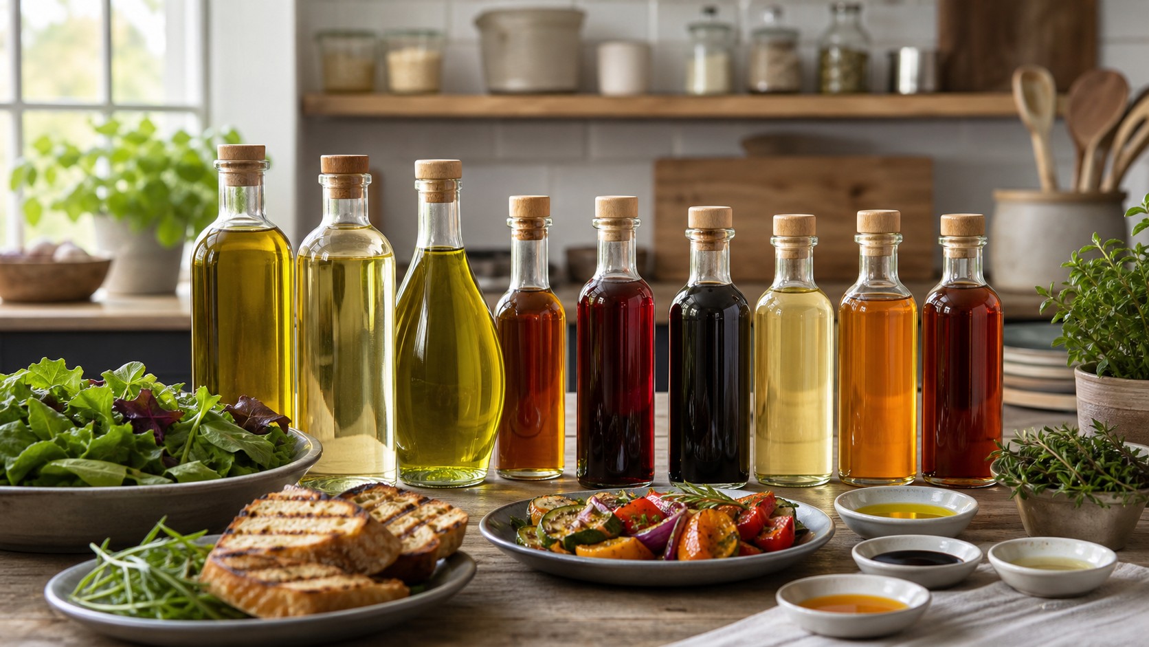 Essential oils and vinegars for home cooks with olive oil, neutral oil, avocado oil, sesame oil, red wine vinegar, balsamic, rice vinegar, apple cider vinegar, sherry vinegar, salad, bread, and vegetables