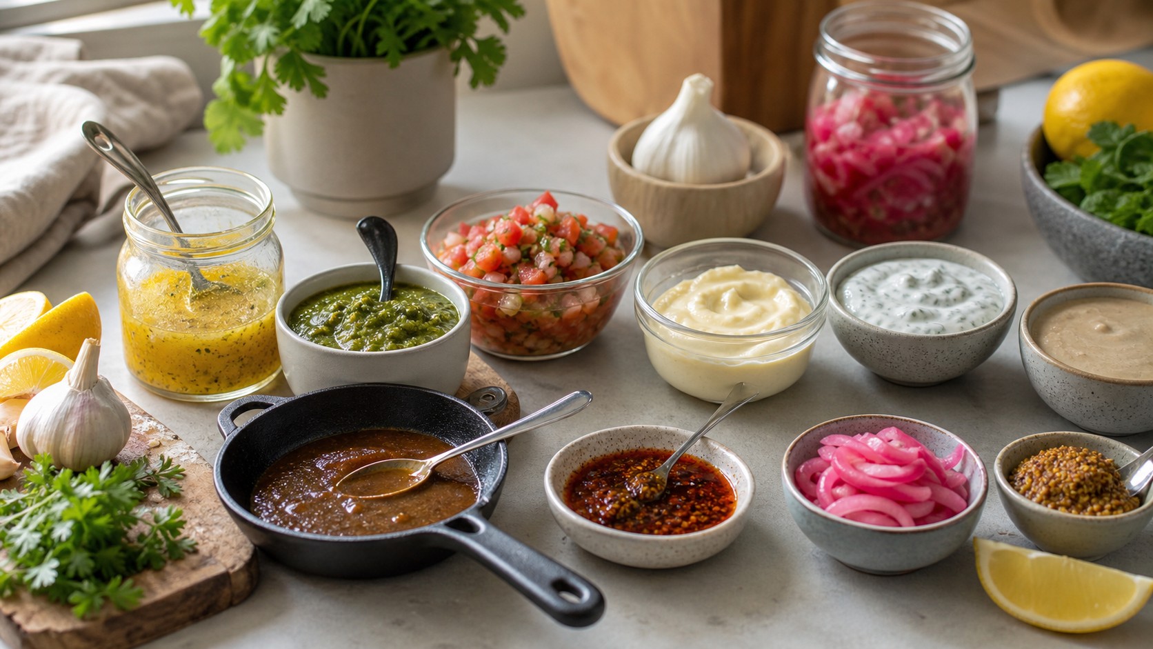 Essential home cook sauces and condiments with vinaigrette, pesto, salsa, aioli, yogurt sauce, tahini sauce, chili oil, pickled onions, herbs, and citrus