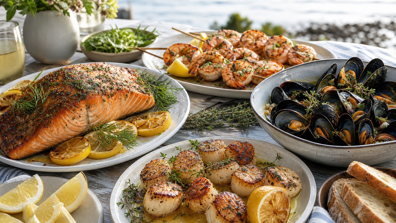 Occasion-ready seafood spread with salmon, shrimp, scallops, mussels, lemon, herbs, and bread