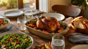 Relaxed weekend dinner table with roast chicken, vegetables, salad, and bread