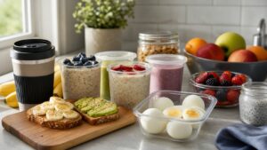 Busy-morning breakfast spread with overnight oats, banana toast, boiled eggs, smoothies, fruit, granola, and coffee