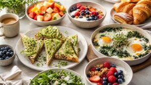 Easy impressive brunch spread with avocado toast, baked eggs, berries, pastries, and coffee