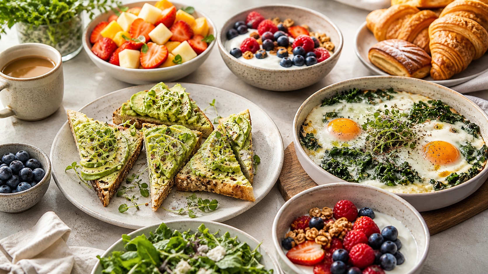 Easy impressive brunch spread with avocado toast, baked eggs, berries, pastries, and coffee