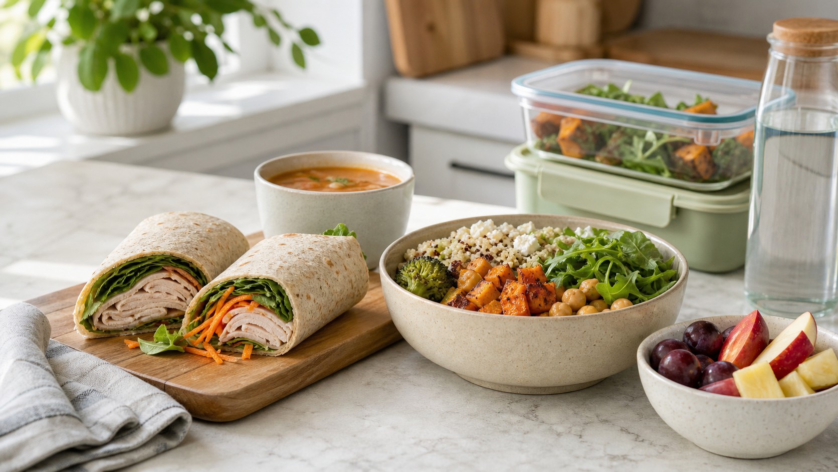 Easy weekday lunch spread with wrap, grain bowl, soup, fruit, and containers