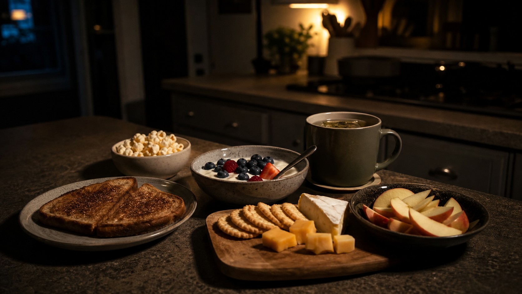 Quick midnight snack spread with toast, yogurt, popcorn, cheese, crackers, apples, and tea
