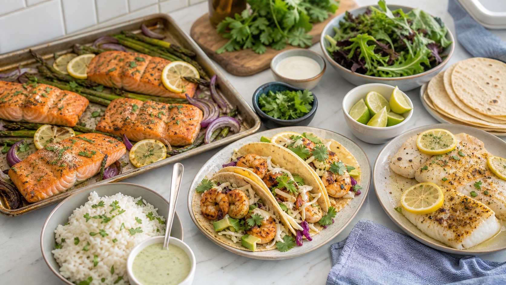 Easy weeknight seafood dinner spread with salmon, shrimp tacos, cod, rice, greens, tortillas, herbs, and sauces