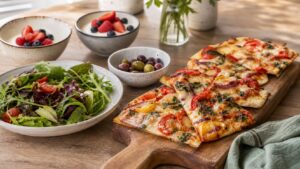 Easy weekend flatbread meal with salad, olives, and simple desserts
