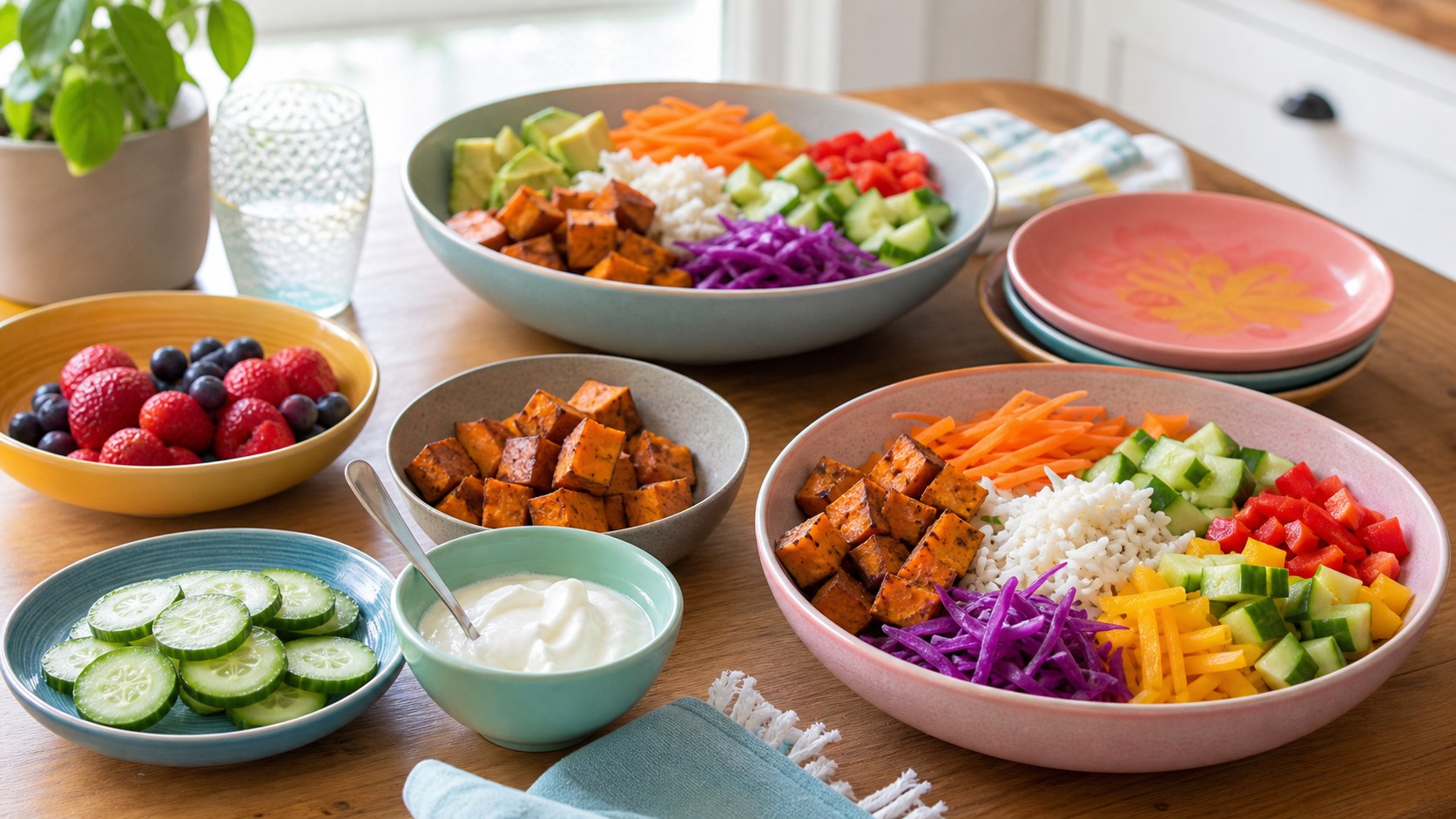 Healthy kid-friendly meal with rice bowls, roasted sweet potatoes, yogurt dip, and berries
