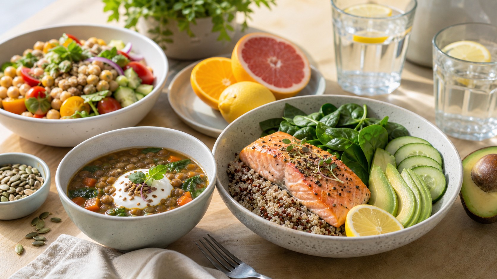 Healthy energizing lunch spread with quinoa bowl, lentil soup, chickpea salad, avocado, and citrus