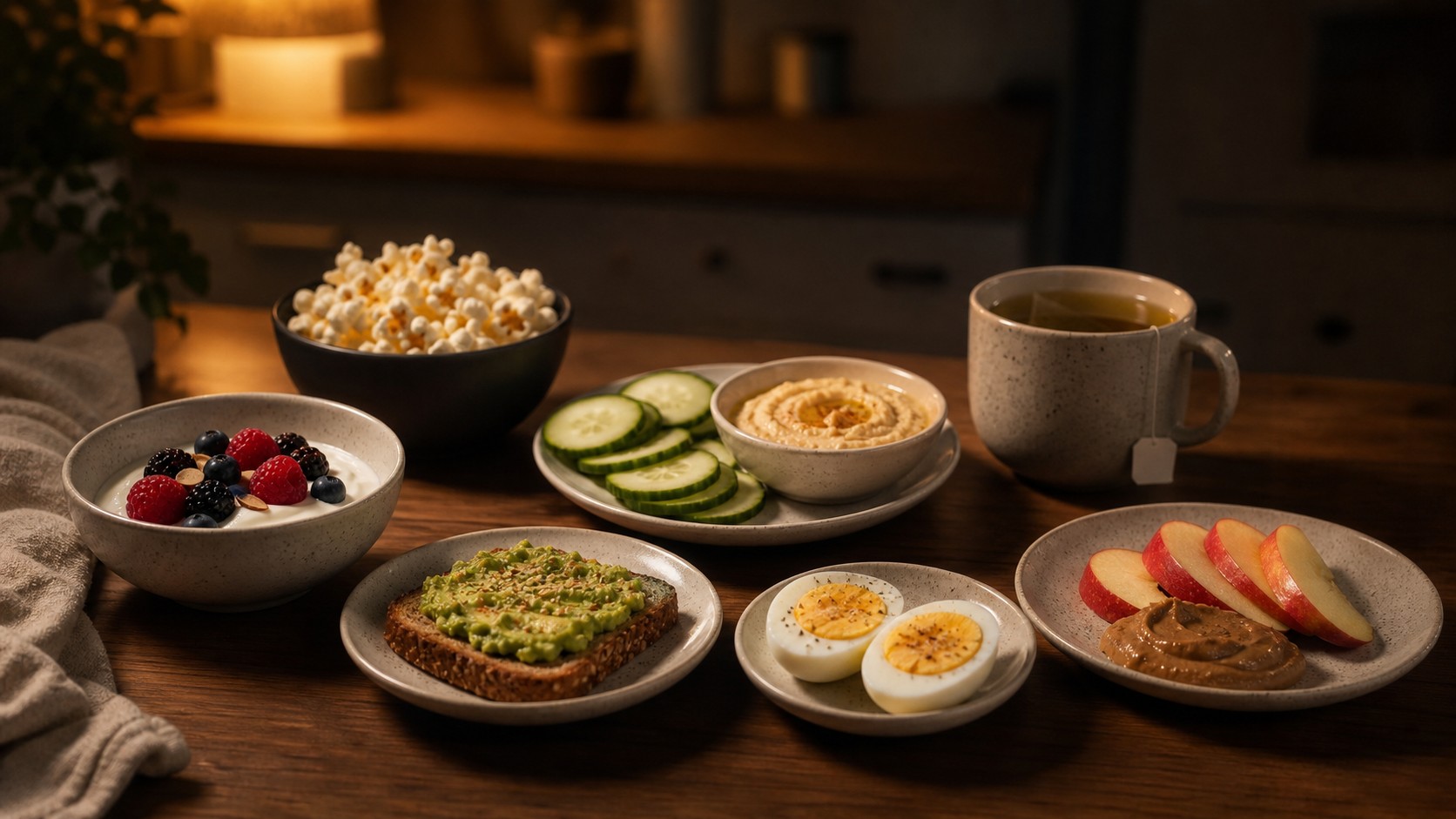 Healthy midnight snacks with yogurt, berries, hummus, toast, egg, apple, popcorn, and tea