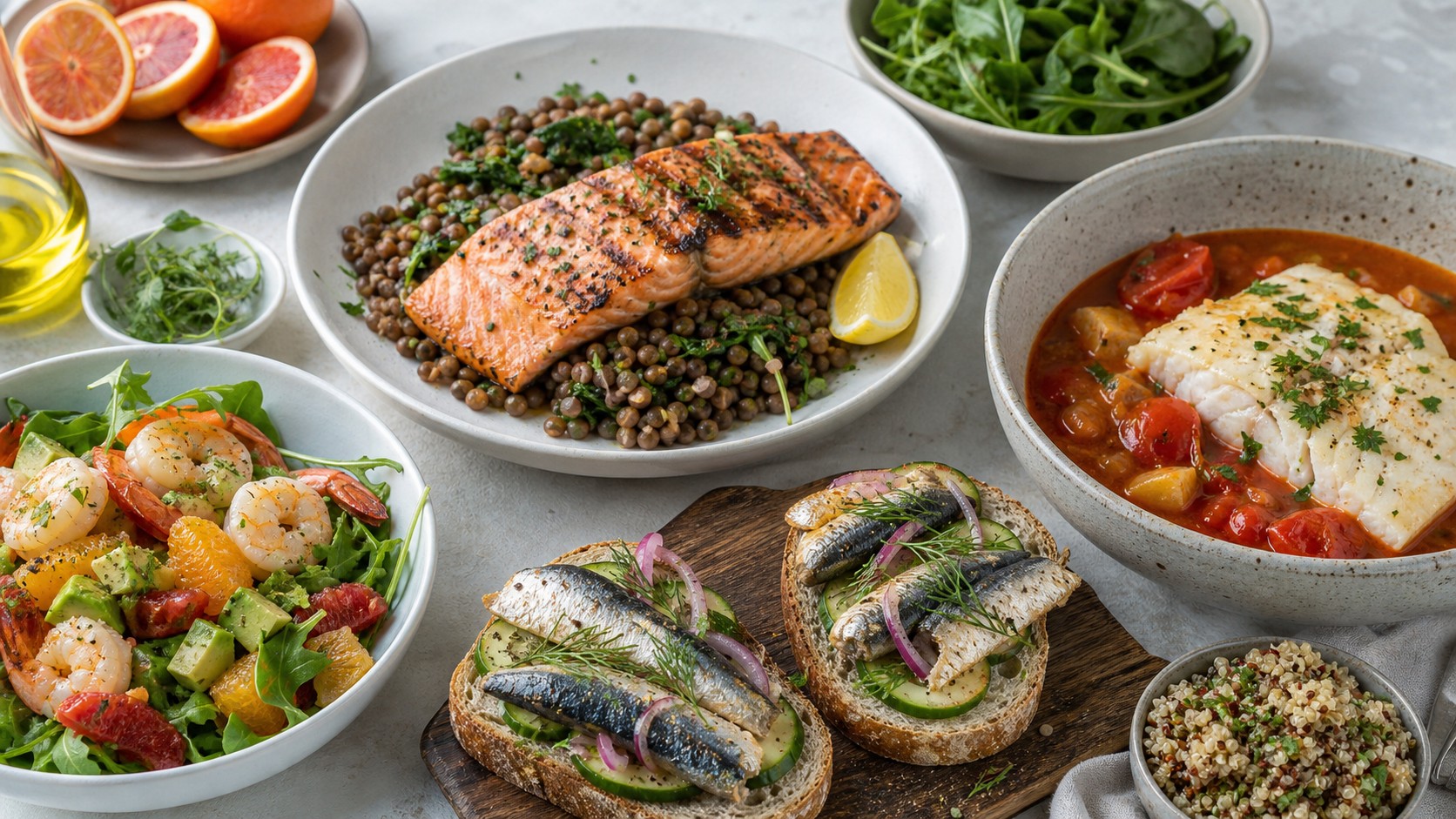 Healthy flavorful seafood spread with salmon, lentils, shrimp salad, cod broth, sardine toast, citrus, herbs, and greens