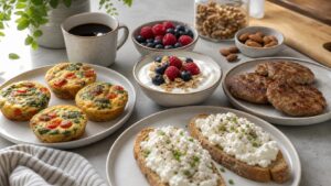 High-protein breakfast spread with egg muffins, yogurt bowls, turkey patties, cottage cheese toast, berries, and coffee
