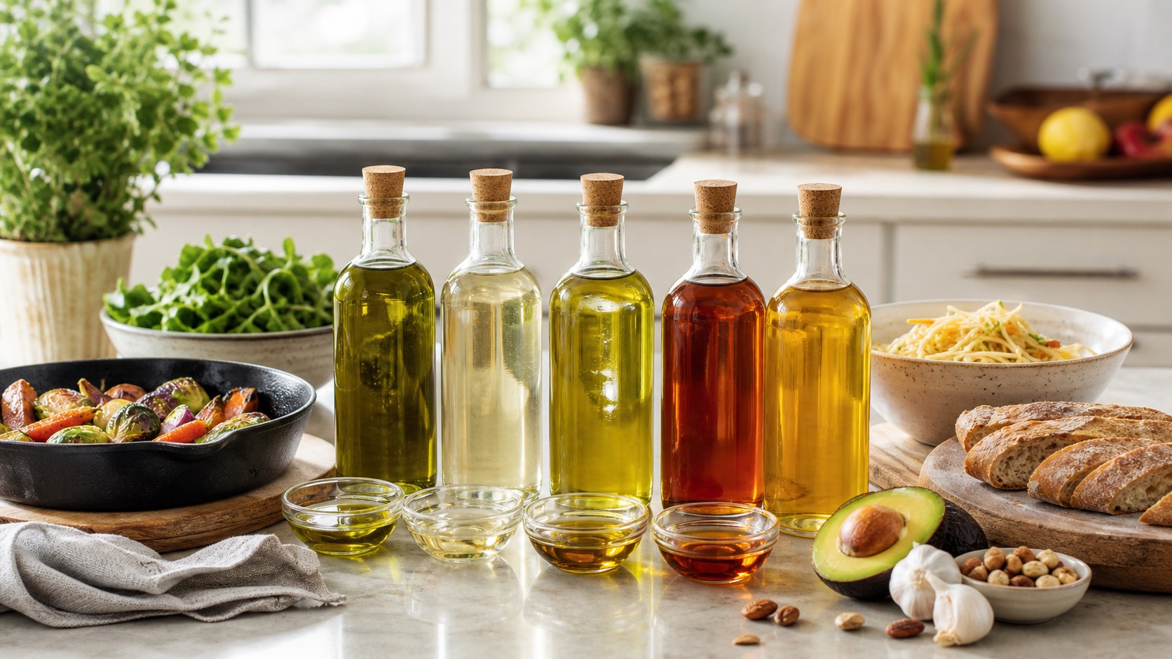 Cooking oils arranged for different recipes with olive oil, neutral oil, avocado oil, sesame oil, nut oil, skillets, vegetables, salad greens, noodles, bread, herbs, and garlic