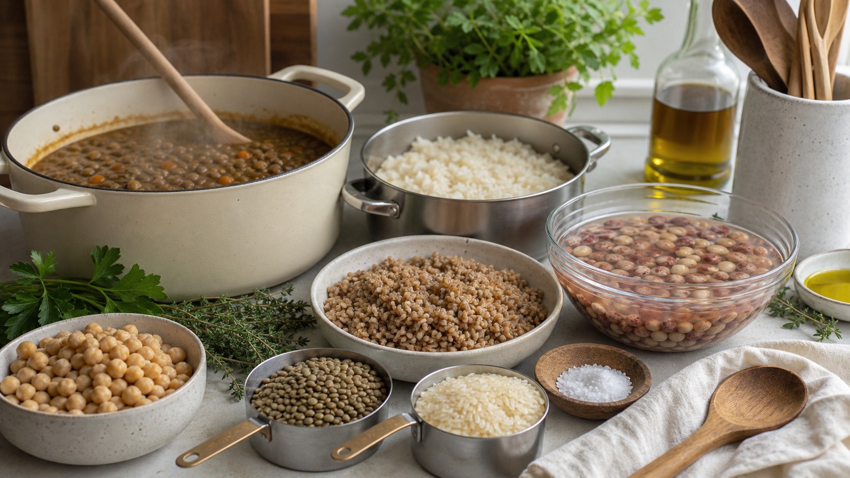 Cooking setup with simmering lentils, rice, soaked beans, farro, chickpeas, herbs, salt, olive oil, and wooden spoons