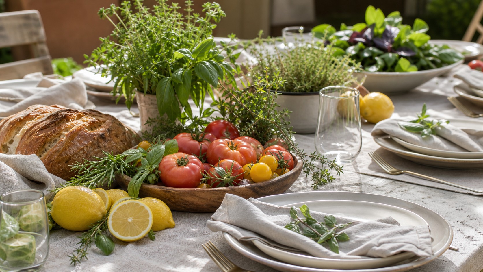 Seasonal table styled with tomatoes, herbs, lemons, bread, greens, and ceramic plates