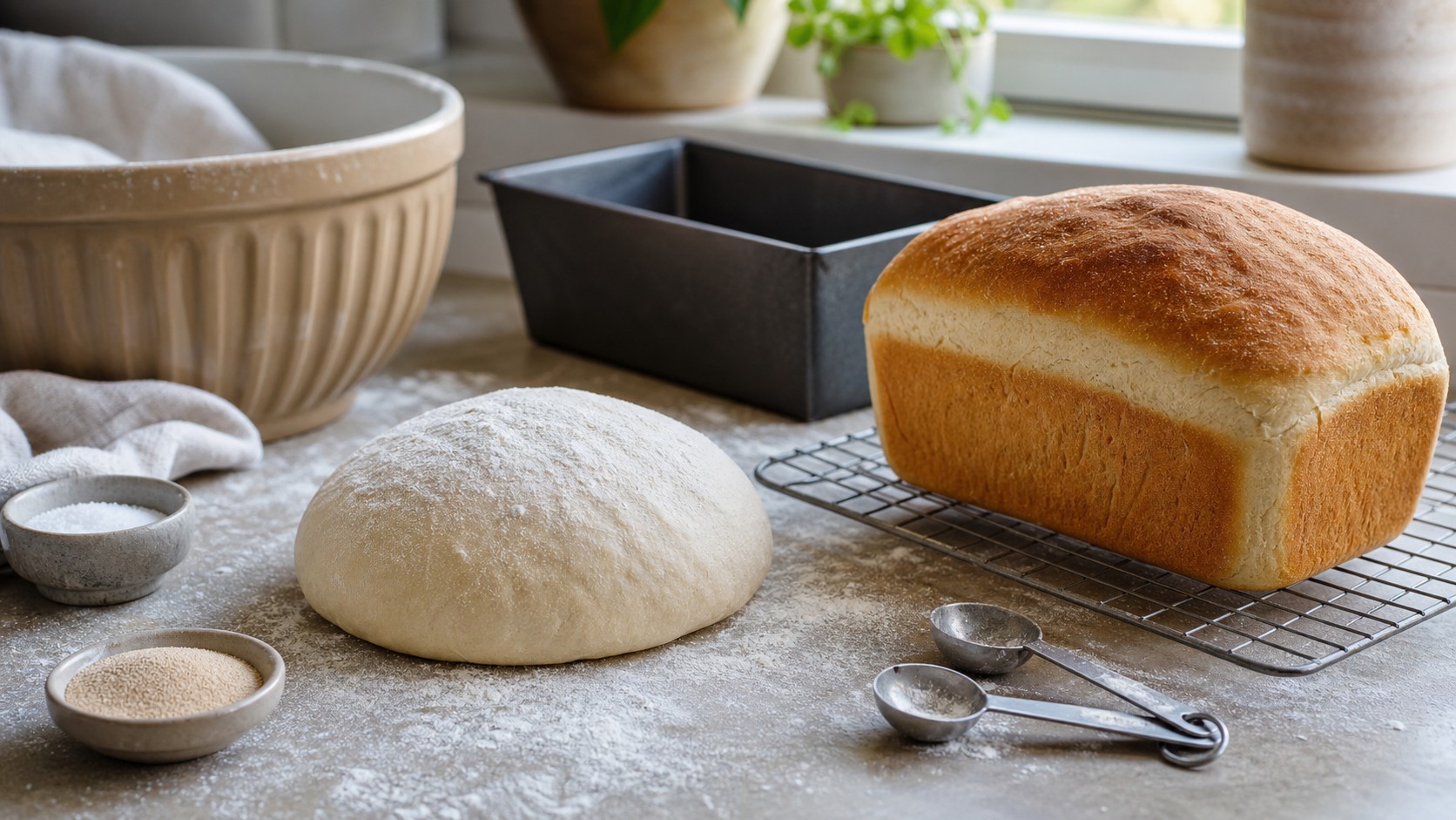 Beginner bread-making setup with dough, flour, yeast, salt, bowl, loaf pan, and fresh sandwich loaf