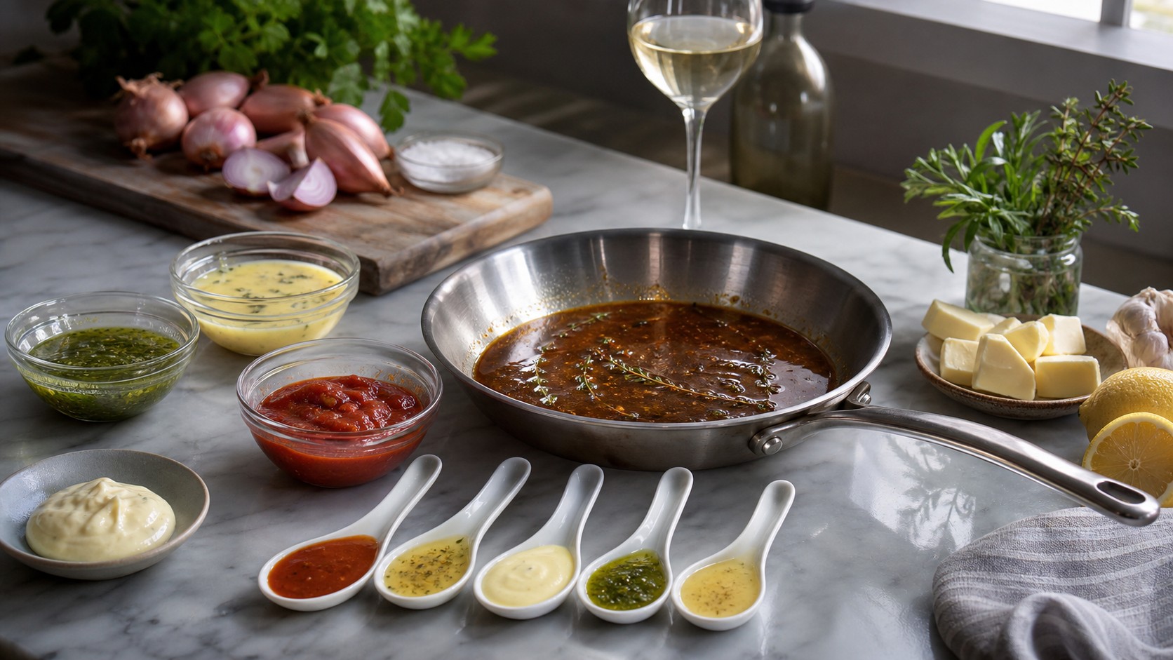 Restaurant-quality sauce setup with pan sauce, herb oil, creamy sauce, tomato reduction, aioli, vinaigrette, herbs, shallots, butter, citrus, and tasting spoons