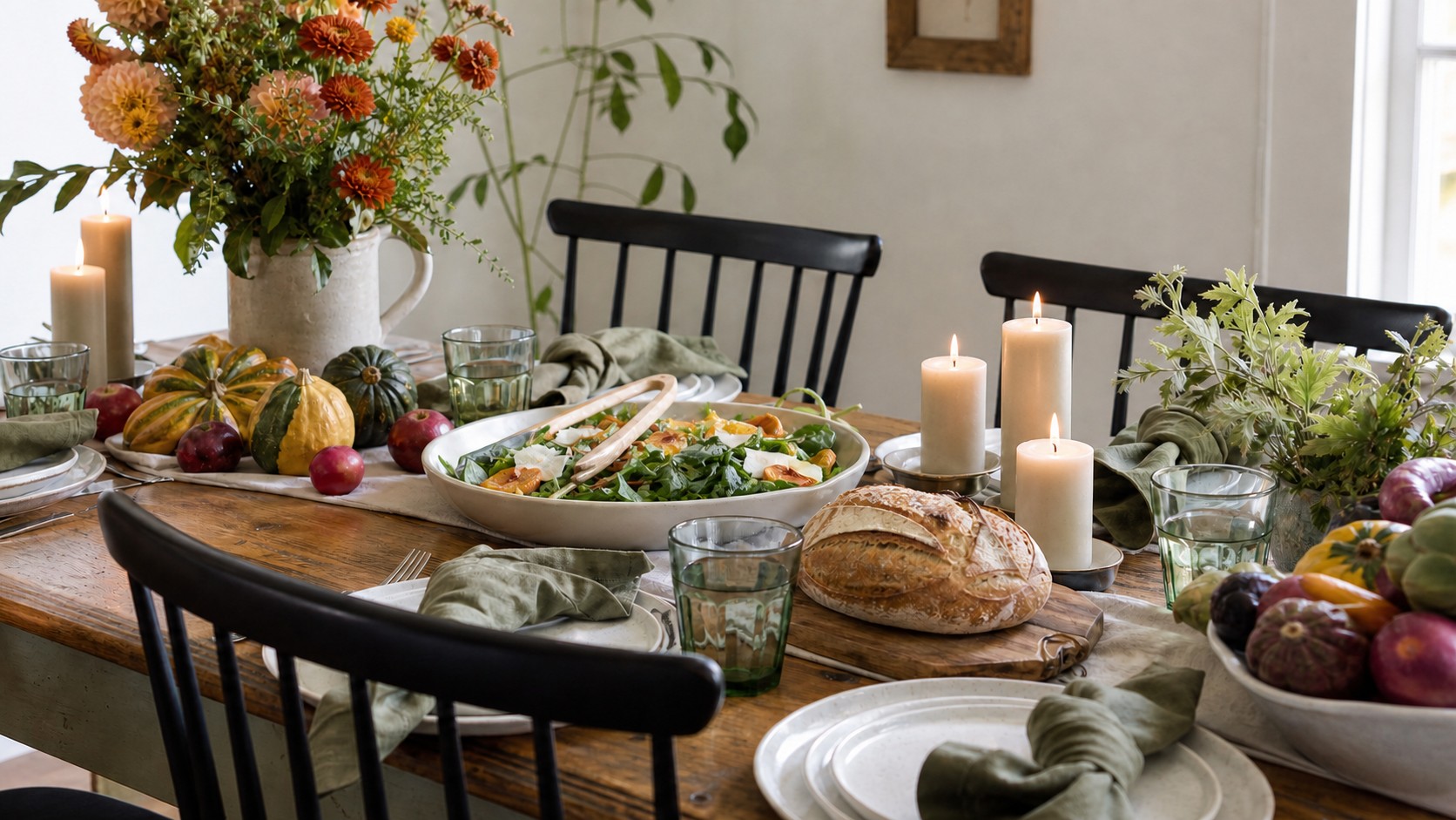 Seasonal dining table with produce, flowers, candles, salad, and bread