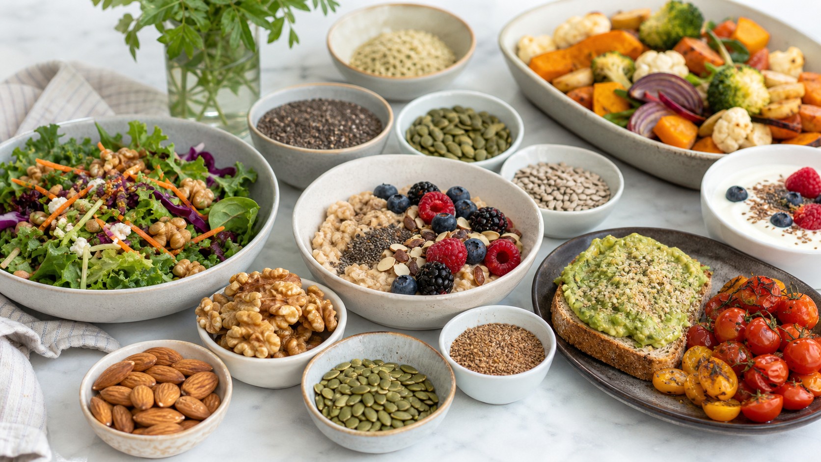 Healthy nuts and seeds with walnuts, almonds, pistachios, pumpkin seeds, sunflower seeds, chia, flax, hemp, salad, oatmeal, berries, yogurt, and toast