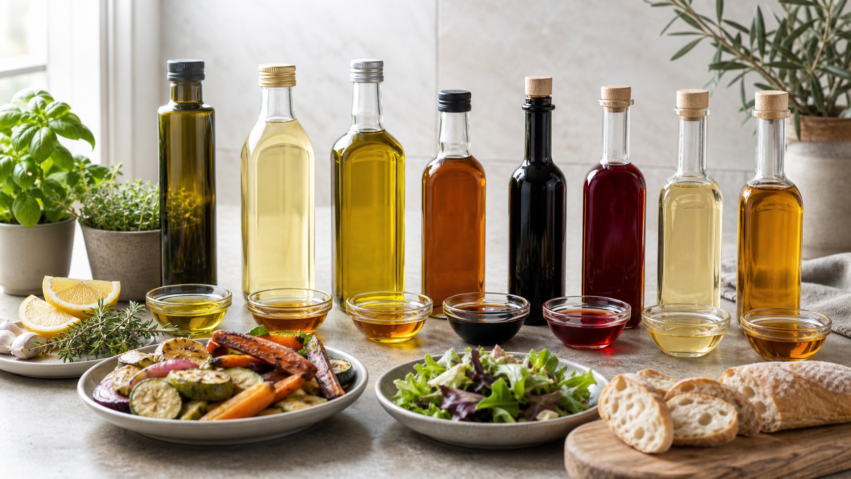 Cooking oils and vinegars with olive oil, neutral oil, avocado oil, sesame oil, balsamic, red wine vinegar, rice vinegar, apple cider vinegar, herbs, citrus, salad, and bread