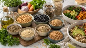 Healthy grains and legumes spread with lentils, chickpeas, beans, quinoa, rice, farro, oats, barley, herbs, and vegetables