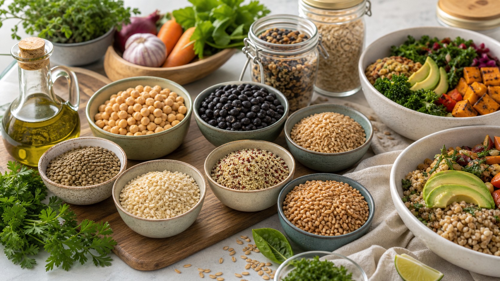 Healthy grains and legumes spread with lentils, chickpeas, beans, quinoa, rice, farro, oats, barley, herbs, and vegetables