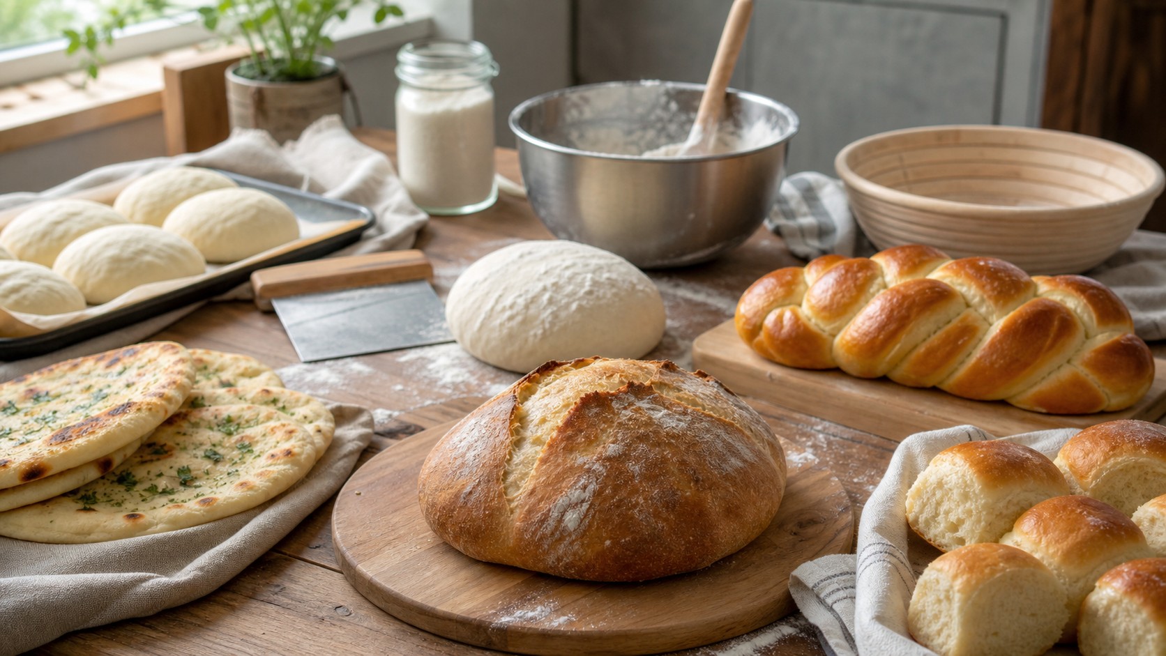 Homemade bread and dough spread with rustic loaf, pizza dough, rolls, braided dough, flatbreads, flour, yeast, and tools