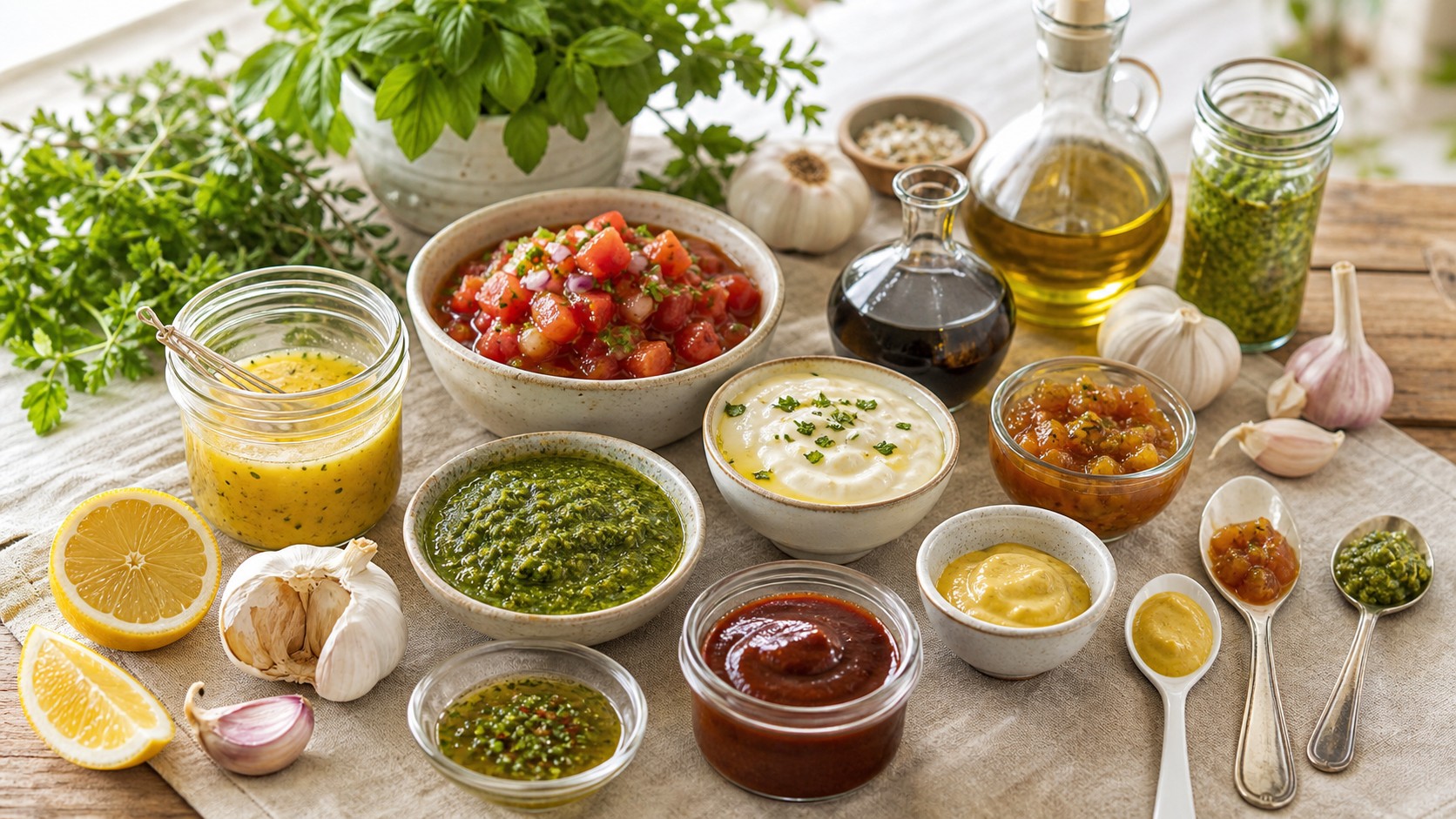 Homemade sauces and condiments spread with vinaigrette, pesto, salsa, aioli, barbecue sauce, chutney, herbs, citrus, vinegar, and olive oil
