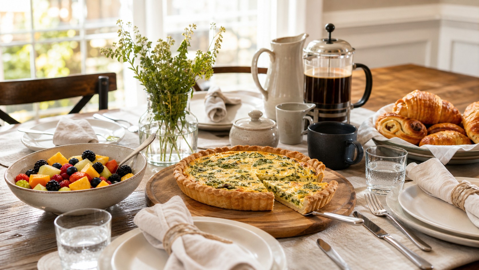 Host-ready brunch table with quiche, fruit salad, coffee, pastries, and linens