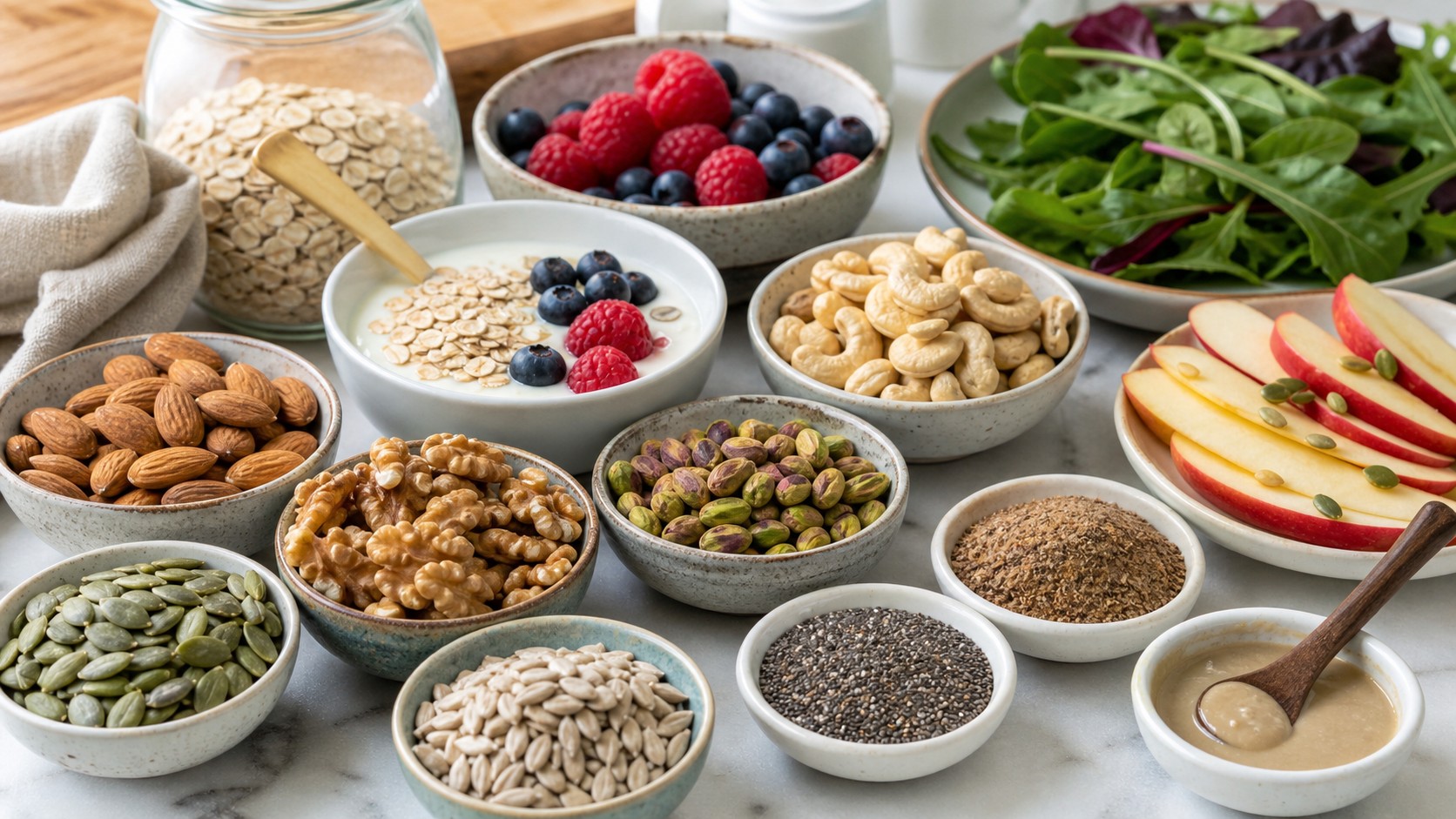 Nuts and seeds for healthy meals with almonds, walnuts, pistachios, pumpkin seeds, sunflower seeds, chia, flax, hemp, yogurt, oatmeal, salad greens, and fruit