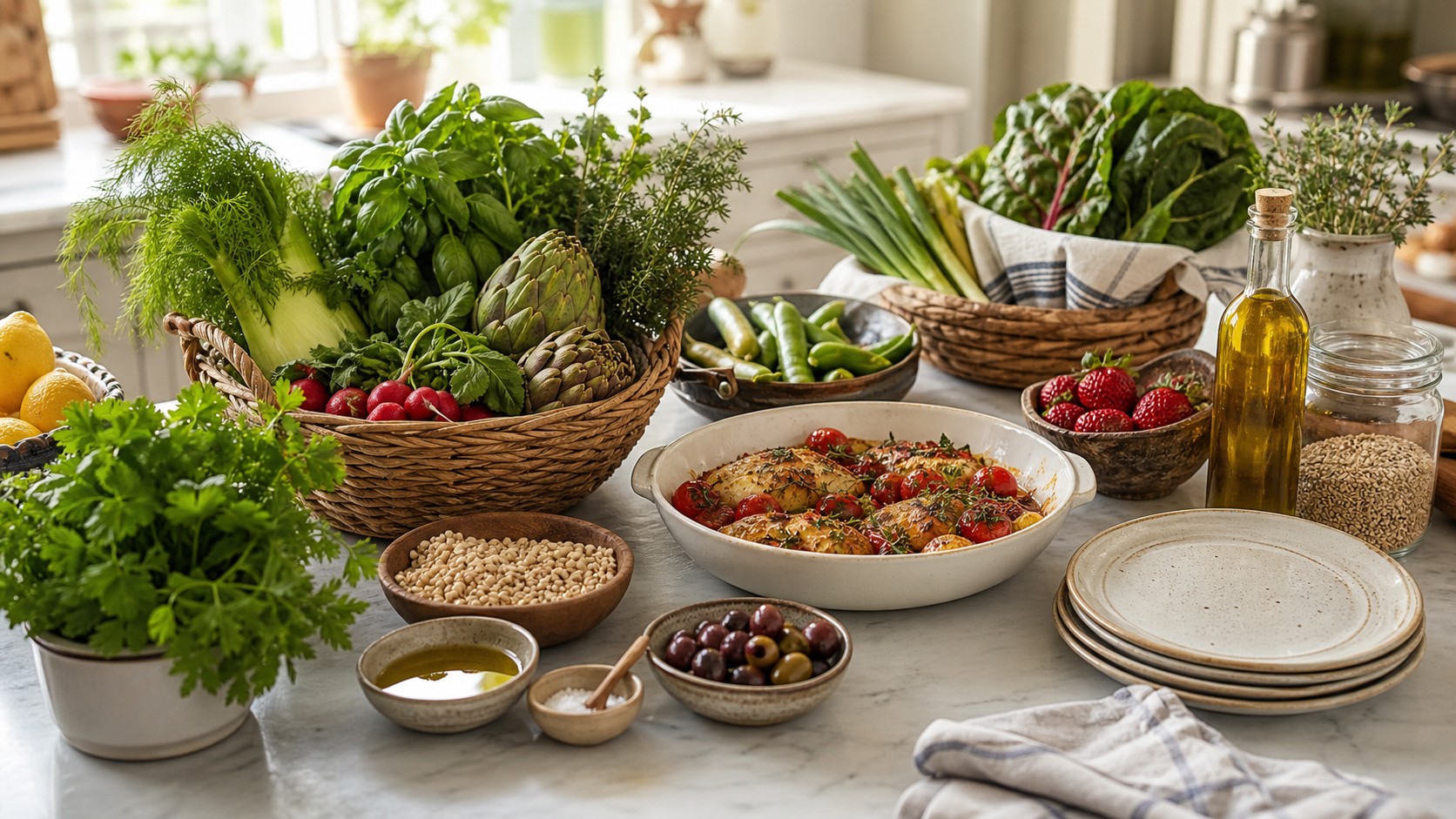 Seasonal cooking spread with vegetables, herbs, fruit, grains, and plates