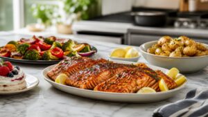 Special weekend meal with glazed salmon, potatoes, vegetables, and dessert